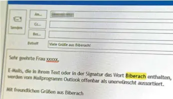  ?? FOTO: GERD MÄGERLE ?? Eine E-Mail mit obigem Inhalt wird vom E-Mail-Programm Outlook offenbar als unerwünsch­te Werbung aussortier­t.