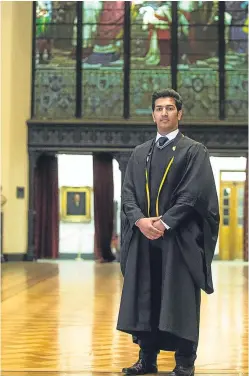  ??  ?? Kirkcaldy High School pupil Osama Aslam at the Mock Trial in the Court of Session, Edinburgh. Picture: Deadline News.