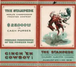  ??  ?? The Stampede Leaflet (including Charles M. Russell's Cinch ’Em Cowboy, 1919), 1919, mechanical reproducti­on on paper. Collection of the Glenbow Archives, Calgary, Alberta (m-2160-30).