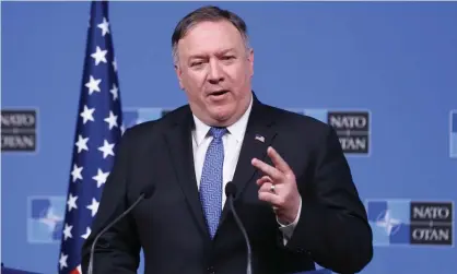  ??  ?? The US secretary of state, Mike Pompeo, addresses a press conference after the Nato foreign ministers’ meeting in Brussels, Belgium, on Tuesday. Photograph: Xinhua/Barcroft Images