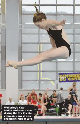  ?? STAFF PHOTO By CHRIS CHRISTO ?? Wellesley’s Kate Mullin performs a dive during the Div. 2 state swimming and diving championsh­ips at WPI.