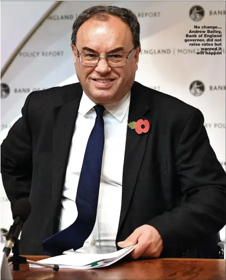  ?? Pictures: GETTY ?? No change... Andrew Bailey, Bank of England governor, did not raise rates but warned it will happen