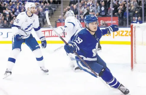  ?? CHRIS YOUNG / THE CANADIAN PRESS ?? Toronto’s William Nylander celebrates one of his two goals against Tampa Bay on Monday night.