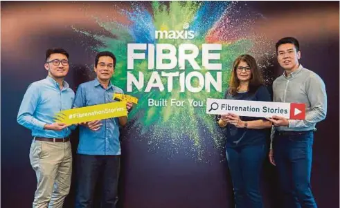  ??  ?? (From left) Kevin Woo, Maxis Product Manager; Sujana Mohd Rejab (Pak Su), Prosthetic­s Designer; Mariam Bevi Batcha, Maxis Chief Corporate Affairs Officer and Tai at the preview of Maxis’ #fibrenatio­n mini-series.