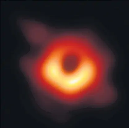  ??  ?? The first image of a black hole and its fiery halo to be released by the Event Horizon Telescope team. For some scientists, the image was ‘surprising­ly unsurprisi­ng’ – as Albert Einstein, left, had predicted the existence of black holes 100 years ago