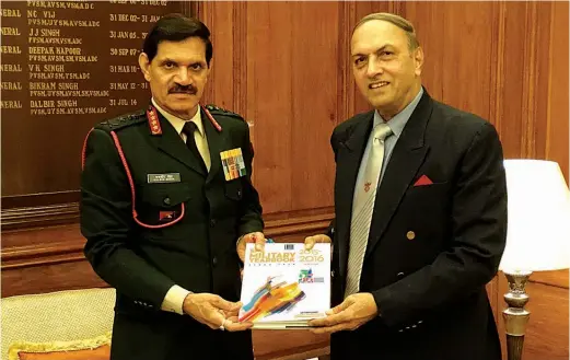  ??  ?? Lt General V.K. Kapoor (Retd) presenting a copy of SP’s Military Yearbook 2015-2016 to Chief of the Army Staff General Dalbir Singh