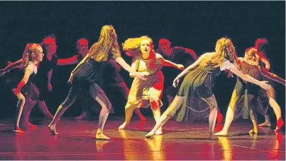  ?? Pictures: Steve MacDougall. ?? Members of Perth Youth Dance Company during their performanc­e at Perth Concert Hall and, below, the group with choreograp­her Lucy Wilson and festival producer Peter Royston in the centre.