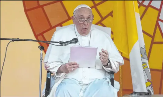  ?? Gregorio Borgia The Associated Press ?? Pope Francis delivers a speech against the plundering of African resources as he meets authoritie­s, civil society and diplomatic corps in the garden of the “Palais de la Nation” in Kinshasa upon his arrival in the Democratic Republic of the Congo on Tuesday.