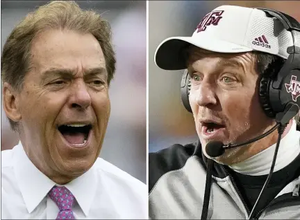  ?? ASSOCIATED PRESS FILE PHOTOS ?? At left, Alabama head coach Nick Saban yells to the sideline during the first half of Alabama’s scrimmage, April 16, in Tuscaloosa, Ala. At right, Texas A&M coach Jimbo Fisher reacts to an official’s call during the second half of the team’s game against Mississipp­i, Nov. 13, in Oxford, Miss.