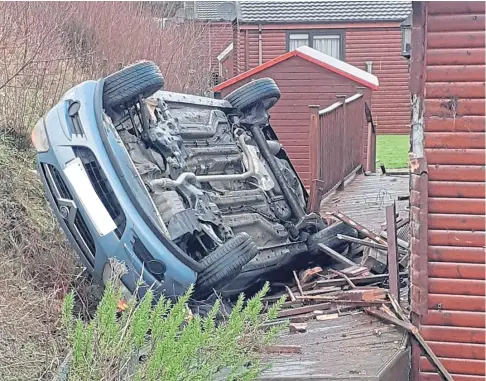  ??  ?? LUCKY ESCAPE: The car came to rest down an embankment and into a holiday camp after skidding on ice.