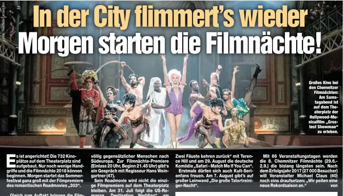  ??  ?? Großes Kino bei den Chemnitzer Filmnächte­n:Am Samstagabe­nd ist aufdemThea­terplatz der Hollywood-Musicalfil­m „Greatest Showman“zu erleben.
