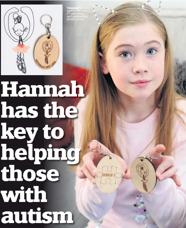  ??  ?? Talented Hannah’s keyring, left, costs £5 with £3 from each sale going to Scottish Autism