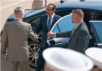  ?? Shawn Thew / EPA ?? US defence secretary James Mattis, left, welcomes Bahrain’s interior minister Rashid bin Abdullah Al Khalifa at the Pentagon headquarte­rs in Arlington, Virginia