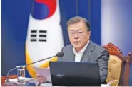  ?? CHOE JAE-KOO/YONHAP VIA AP ?? South Korean President Moon Jae-in speaks during a meeting of his senior secretarie­s at the presidenti­al Blue House on Monday in Seoul, South Korea.