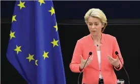  ??  ?? Ursula von der Leyen, president of the European Commission, delivers the state of the union address during a plenary session in Strasbourg, France. Photograph: Anadolu Agency/ Getty Images