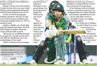  ?? – AFPPIX ?? Pakistan’s Mohammad Haris plays a reverse sweep shot during the Twenty20 World Cup semifinal against New Zealand.