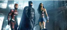  ??  ?? LEFT: A LEAGUE OF THEIR OWN: The Justice League: (from left) Ezra Miller (The Flash) Henry Cavill (Superman) Ray Fisher (Cyborg) Gal Gadot (Wonder Woman) Ben Affleck (Batman) and Jason Momoa (Aquaman). ABOVE: Striking a hero pose are (from left) Ezra...