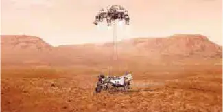  ??  ?? Une fois arrivé au-dessus de son site d’atterrissa­ge, le rover Perseveran­ce sera descendu grâce à des élingues. Vue d’artiste de cette méthode appelée «skycrane» et déjà employée pour
Curiosity, en 2012