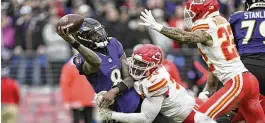  ?? TERRANCE WILLIAMS / AP ?? Chiefs defensive tackle Chris Jones, here pressuring Ravens quarterbac­k Lamar Jackson in January’s AFC Championsh­ip Game, will be among the headliners when free agency opens next week. He could eclipse Aaron Donald’s three-year, $96 million deal that made the Rams’ standout the highest-paid at the position.