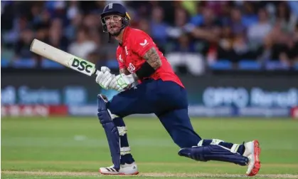  ?? Photograph: Matt Turner/AAP ?? Alex Hales hits a six during England’s emphatic win over India at the T20 World Cup – his last three innings have been 52, 47 and an unbeaten 86.