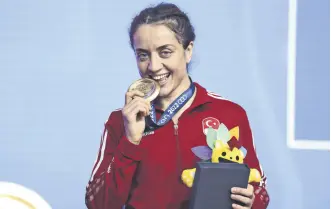  ?? ?? Bediha Gün celebrates winning gold in the 57-kg final at the Mediterran­ean Games, Oran, Algeria, June 29, 2022.