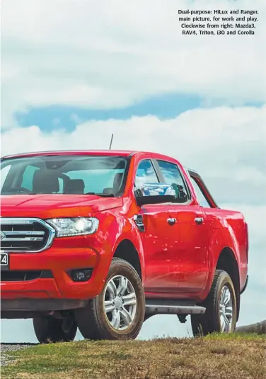  ??  ?? Dual-purpose: HiLux and Ranger, main picture, for work and play. Clockwise from right: Mazda3, RAV4, Triton, i30 and Corolla