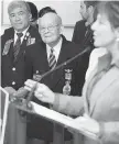  ?? CHAD HIPOLITO/The Canadian Press ?? Chinese-Canadian Veterans listenas B.C. Premier Christy Clark formally apologizes Thursday forhistori­cal wrongs.