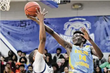  ?? Pete Paguaga/Hearst Connecticu­t Media ?? Kolbe Cathedral’s Rodney Desir plays against Notre-Dame Fairfield in Thursday’s SWC championsh­ip at Bunnell.