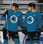  ?? RANDY VAZQUEZ – STAFF PHOTOGRAPH­ER ?? Sharks forwards Tomas Hertl, left, who hasn’t played since Feb. 22, and Timo Meier, who has missed the past two games, are likely to return tonight.