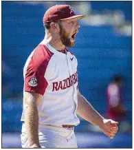  ?? NWA Democrat-Gazette/BEN GOFF ?? Junior reliever Matt Cronin reacts after striking out the side in the ninth inning to end the game in Arkansas’ victory on Wednesday. Cronin struck out all four batters he faced and earned the save.