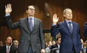  ?? ASSOCIATED PRESS 2016 ?? AT&T Chairman and CEO Randall Stephenson (left) and Time Warner Chairman and CEO Jeffrey Bewkes are sworn in before testifying before a Senate panel on their proposed merger.