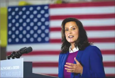  ?? Associated Press photo ?? Michigan Gov. Gretchen Whitmer speaks during an event with Democratic presidenti­al candidate former Vice President Joe Biden at Beech Woods Recreation Center, in Southfield, Mich., Friday.