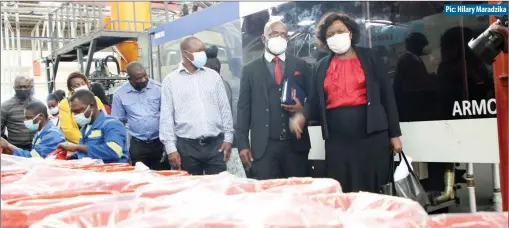  ?? Pic: Hilary Maradzika ?? Industry and Commerce permanent secretary Mavis Sibanda (right) and RJ Corporatio­n vice-president Fungai Murahwa during a tour at Innovative Plastics plant on Tuesday