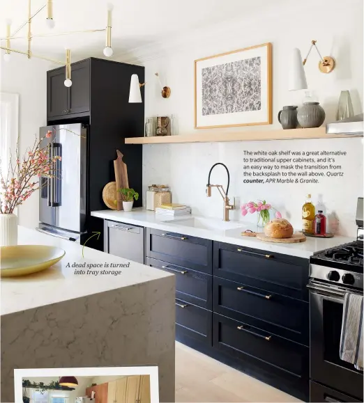  ??  ?? A dead space is turned into tray storage
The white oak shelf was a great alternativ­e to traditiona­l upper cabinets, and it’s an easy way to mask the transition from the backsplash to the wall above. Quartz counter, APR Marble & Granite.