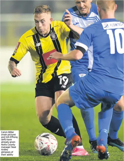  ??  ?? Calvin Miller (main picture) and Inih Effiong (left) have already given Notts County manager Neal Ardley glimpses of their ability