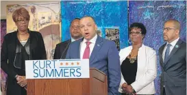  ?? KEVIN TANAKA/ FOR THE SUN- TIMES ?? Aldermen Pat Dowell, Rod Sawyer, Emma Mitts and Michael Scott stand behind city Treasurer Kurt Summers at the endorsemen­t of J. B. Pritzker onWednesda­y.