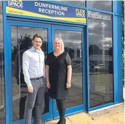  ??  ?? Shona Galloway and Steven Carr of Flexspace outside the group’s new Dunfermlin­e business centre.