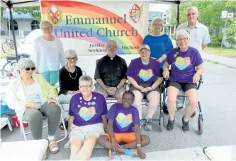  ?? SPECIALTO THE EXAMINER ?? Members of the newly formed Emmanuel United Church congregati­on, including from left to right, Gloria, Kathy, Marion, Lyn, Don, Leona, Deb, Anne, Judy and Bob; participat­ed in Peterborou­gh Pulse on July 16, at the corner of London and George Streets....