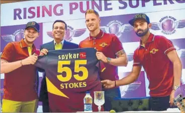  ??  ?? RPS captain Steve Smith (from left) owner Sanjiv Goenka, Ben Stokes and Ajinkya Rahane unveil the jersey for IPL 10.