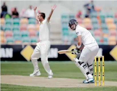  ?? AP ?? England’s Kevin Pietersen turns to watch the ball as Australia A’s Trent Copeland begins to celebrate after trapping Pietersen lbw in Hobart on Saturday. —