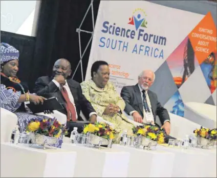  ??  ?? Professor Sarah Anyang Agbor African Union Commission­er for Human Resources, Science and Technology; Deputy President Cyril Ramaphosa; DST Minister Naledi Pandor and Professor Mike Bruton, founding director of Cape Town Science Centre. Photo: supplied