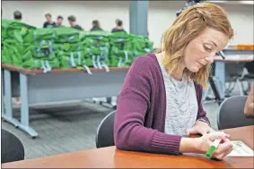  ??  ?? Paycom's Abbi Moulton on Friday fills out a personaliz­ed card to be put in a backpack along with school supplies at Paycom. [CHRIS LANDSBERGE­R PHOTOS/ THE OKLAHOMAN]