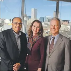  ??  ?? From left: Carlos Lando, president of KUVO Jazz; Laura Frank, president of RockyMount­ain Public Broadcasti­ng; and Doug Price, CEO of RockyMount­ain PBS. AAron Ontiveroz, The Denver Post