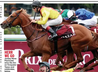  ?? ?? Jockey Rene Piechulek wins the Arc on Torquator Tasso and celebrates, below.