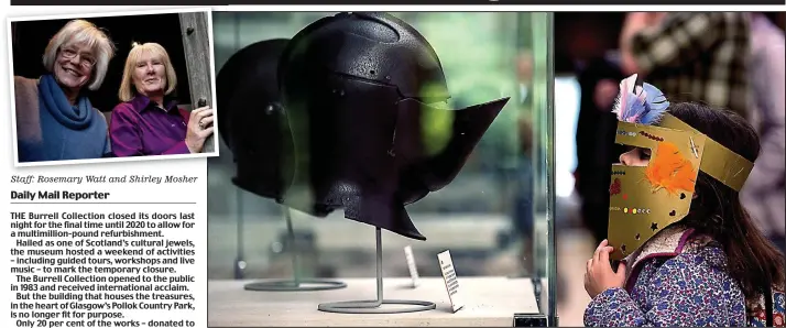  ??  ?? Staff: Rosemary Watt and Shirley Mosher Face off: Freya Mearns, four, compares her feathered and bejewelled helmet with one at the Burrell Collection yesterday