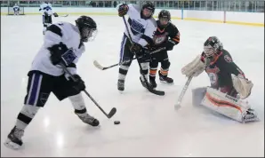  ?? NEWS PHOTO SEAN ROONEY ?? Central Alberta Selects forward Bret Hymers (left) takes a shot on Medicine Hat Hounds goalie Beck Boiteau during a South Central Alberta Hockey League peewee division playoff game at the Family Leisure Centre Friday.