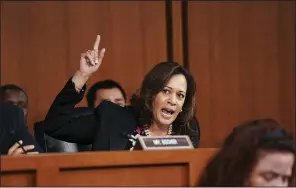  ?? The New York Times/DOUG MILLS ?? Sen. Kamala Harris of California and other Democrats called for a delay in the confirmati­on hearing, but were rebuffed by Republican members. In a tweet, President Donald Trump termed the Democrats’ effort “truly a display of how mean, angry, and despicable the other side is.”