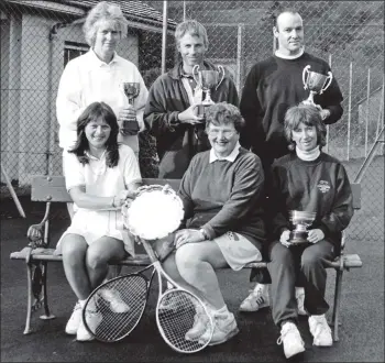  ?? 01_B44twe05 ?? Lamlash Tennis Champions of 1998, left to right, Sally Brookes, Tim Keen and Campbell Seaton and, seated, Chris Jackson, Audrey McCrone and Eleanor Muirhead.