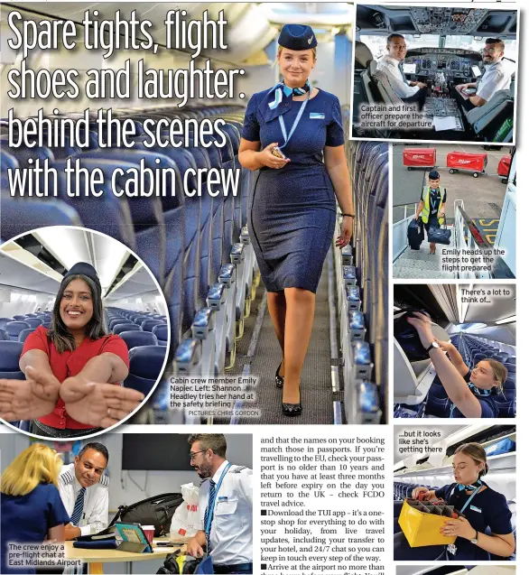  ?? PICTURES: CHRIS GORDON ?? Cabin crew member Emily Napier. Left: Shannon Headley tries her hand at the safety briefing