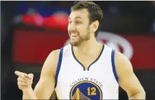  ?? Bay Area News Group/tns ?? Golden State Warriors’ Andrew Bogut celebrates in the fourth quarter of their game against the Los Angeles Lakers at Oracle Arena in Oakland on Nov. 1, 2014.